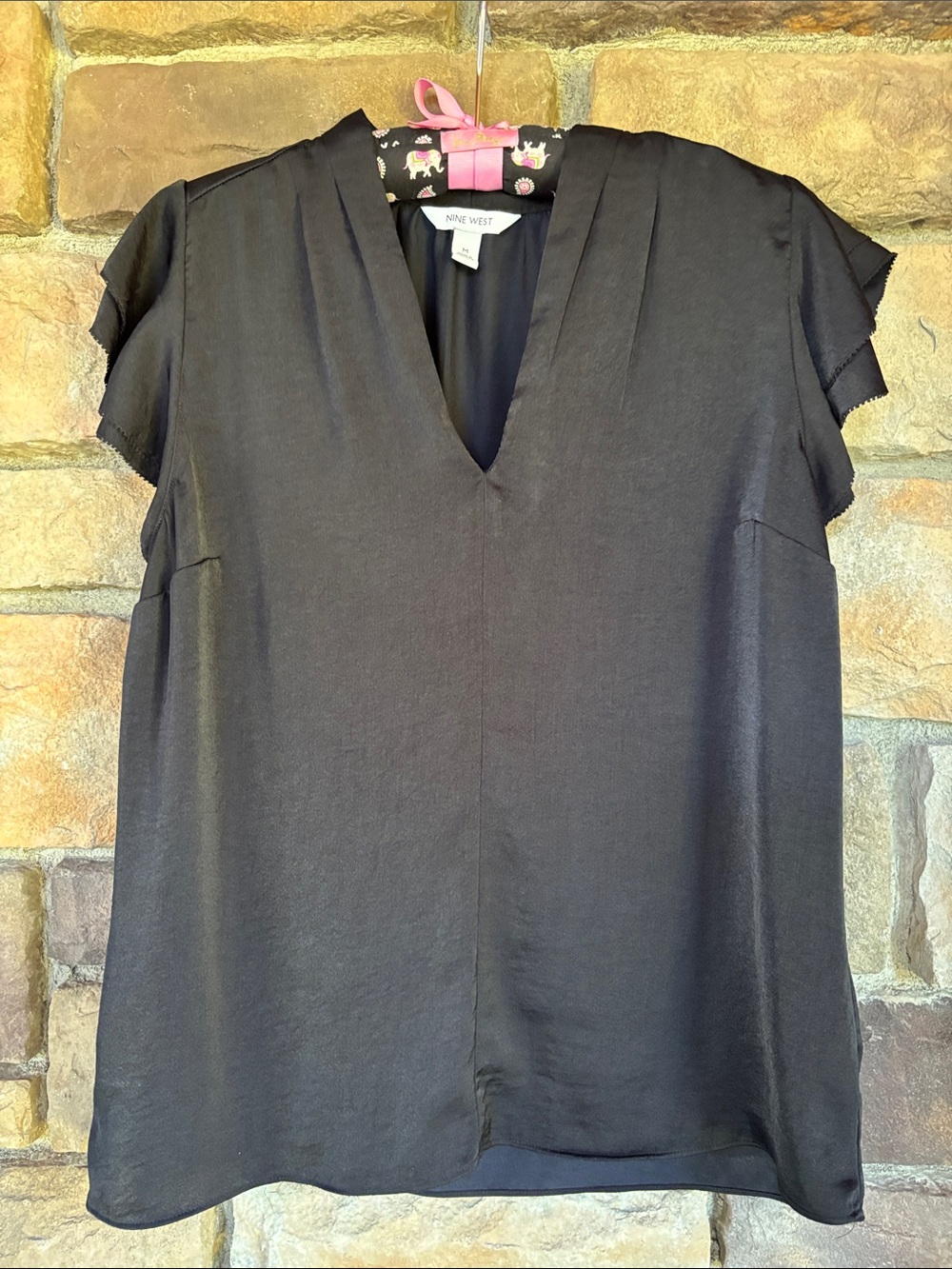Nine West Black V-Neck Flutter Sleeve Top